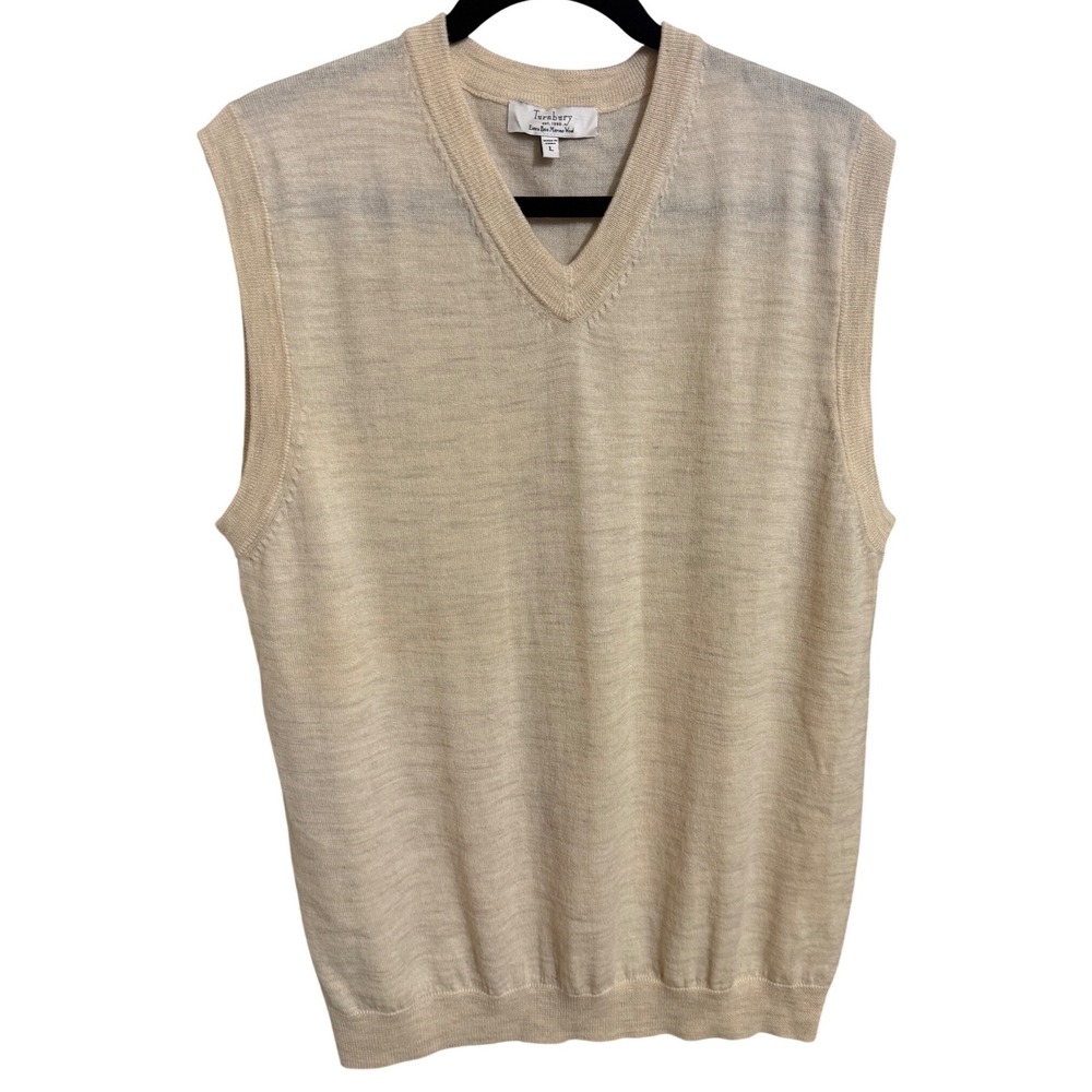 Turnbury Mens Large Extra Fine Merino Wool V-Neck‎ Sweater Vest Oatmeal Beige